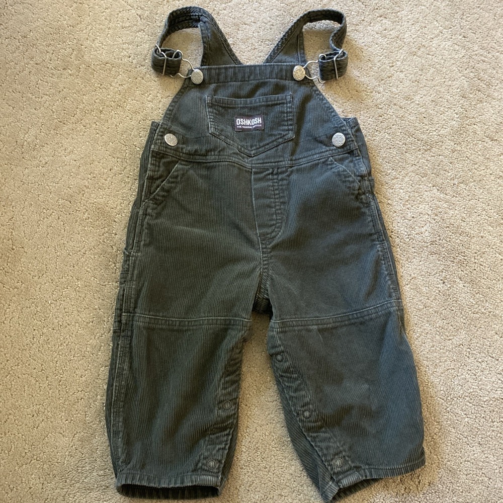 VINTAGE OSHKOSH TODDLER OLIVE GREEN CORDUROY OVERALLS BIB POCKET SIZE 18 MTHS